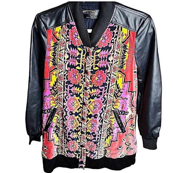 Free People New Romantics Just In Time Jacket Black Leather Floral Tapestry XS - Picture 1 of 6